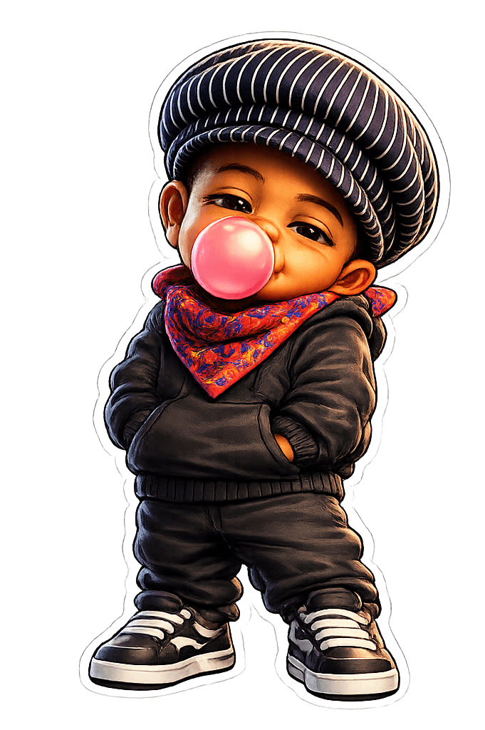 Baby Ansem, airbrushed caricature in a navy pinstripe cap and red graffiti bandana